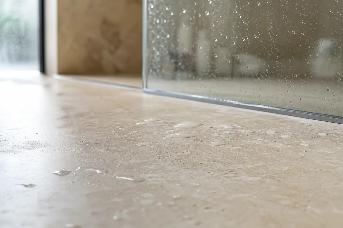 Sol en travertin adouci et paroi de douche dans une salle de bain claire