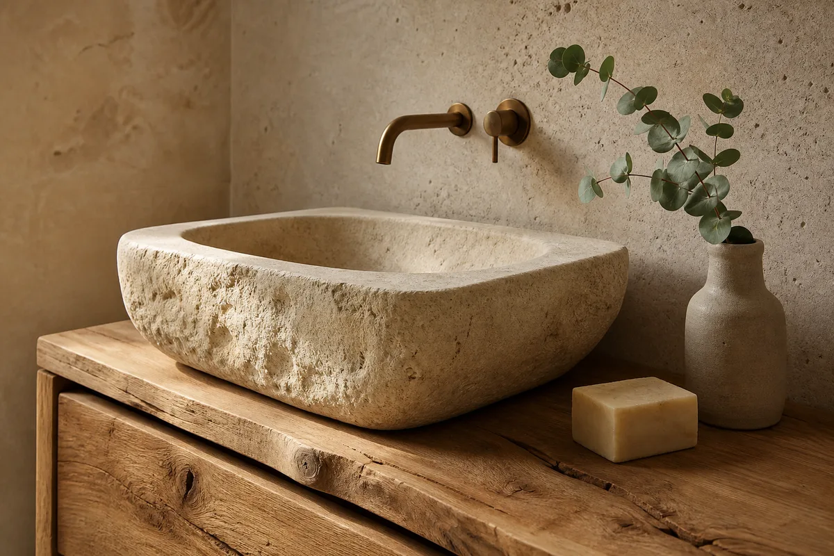 Vasque massive en pierre claire posée sur un meuble en bois brut